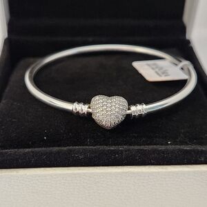 Pandora Moments Sparkling Heart Claps Snake Chain Charm Bracelet Size 7.1 Inches